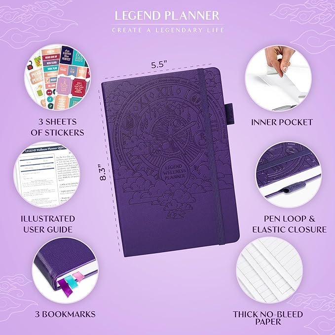 Legend Wellness Planner & Food Journal – Daily Diet & Health Journal with Weight Loss, Measurement & Exercise Trackers – Lifestyle & Nutrition Diary – Lasts 6 Months, A5 size – Purple