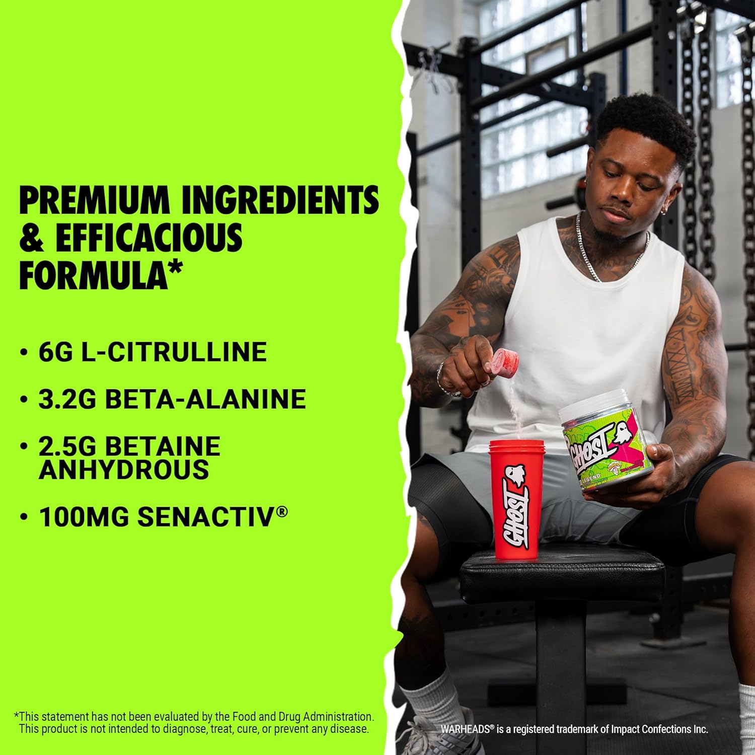 GHOST Legend Pre-Workout Powder, Warheads Sour Watermelon - 30 Servings – Pre-Workout for Men & Women with Choline, L-Citrulline, & Beta Alanine for Energy & Focus