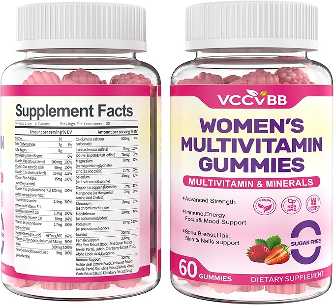 All-in-One Women's Multivitamin Gummies with Complete Vitamin & Mineral Complex, Herbal Blends for Energy, Overall Health, High Potency Hair Skin and Nails Vitamins, Strawberry Flavor, 60 Count