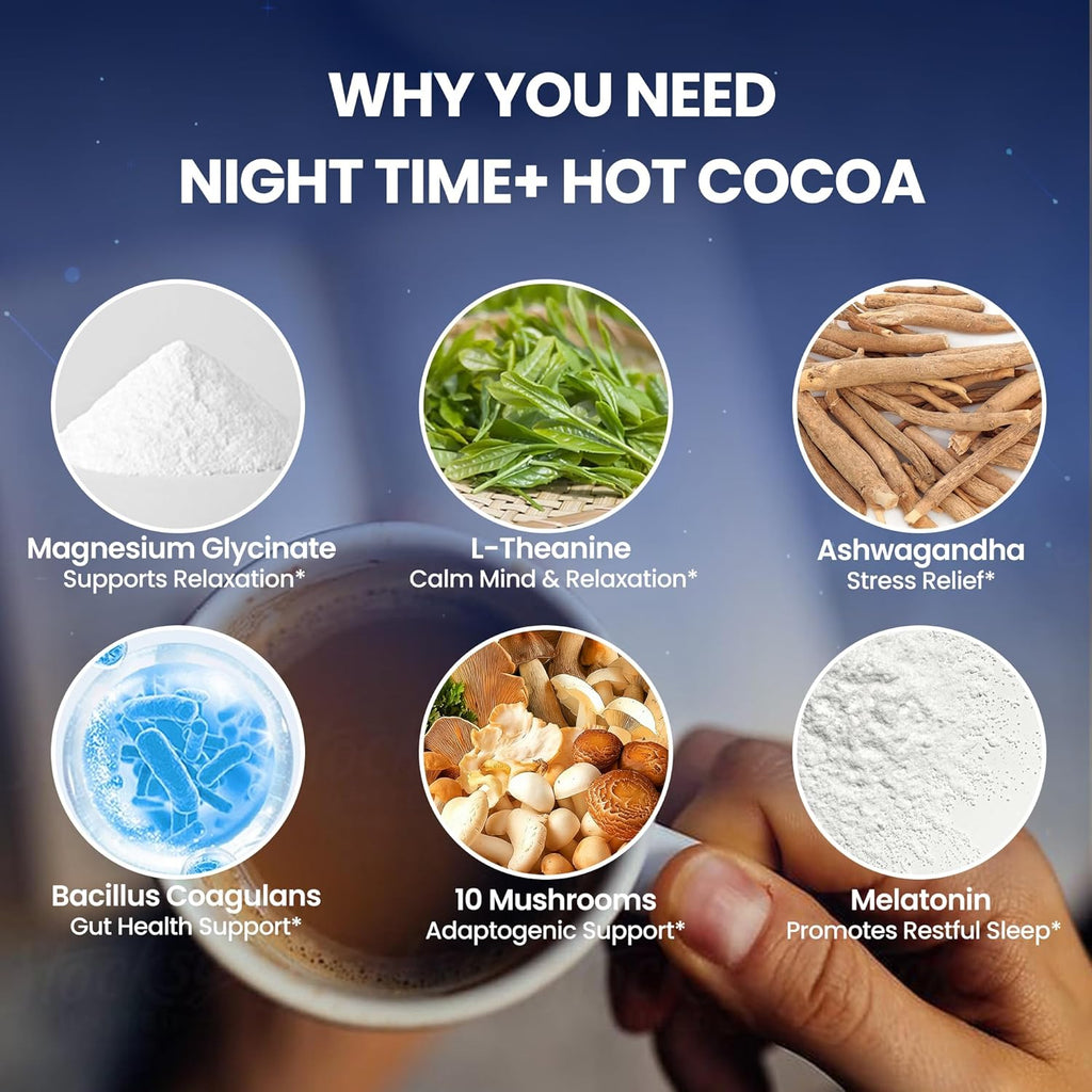 Magnesium Hot Cocoa for Sleep, Superfood Cocoa Powder, 10 Mushroom Blend with Magnesium Glycinate, 5mg Melatonin, L-Theanine & Ashwagandha | Calm & Relax Support | Non-GMO, Dairy-Free, 10.58 OZ