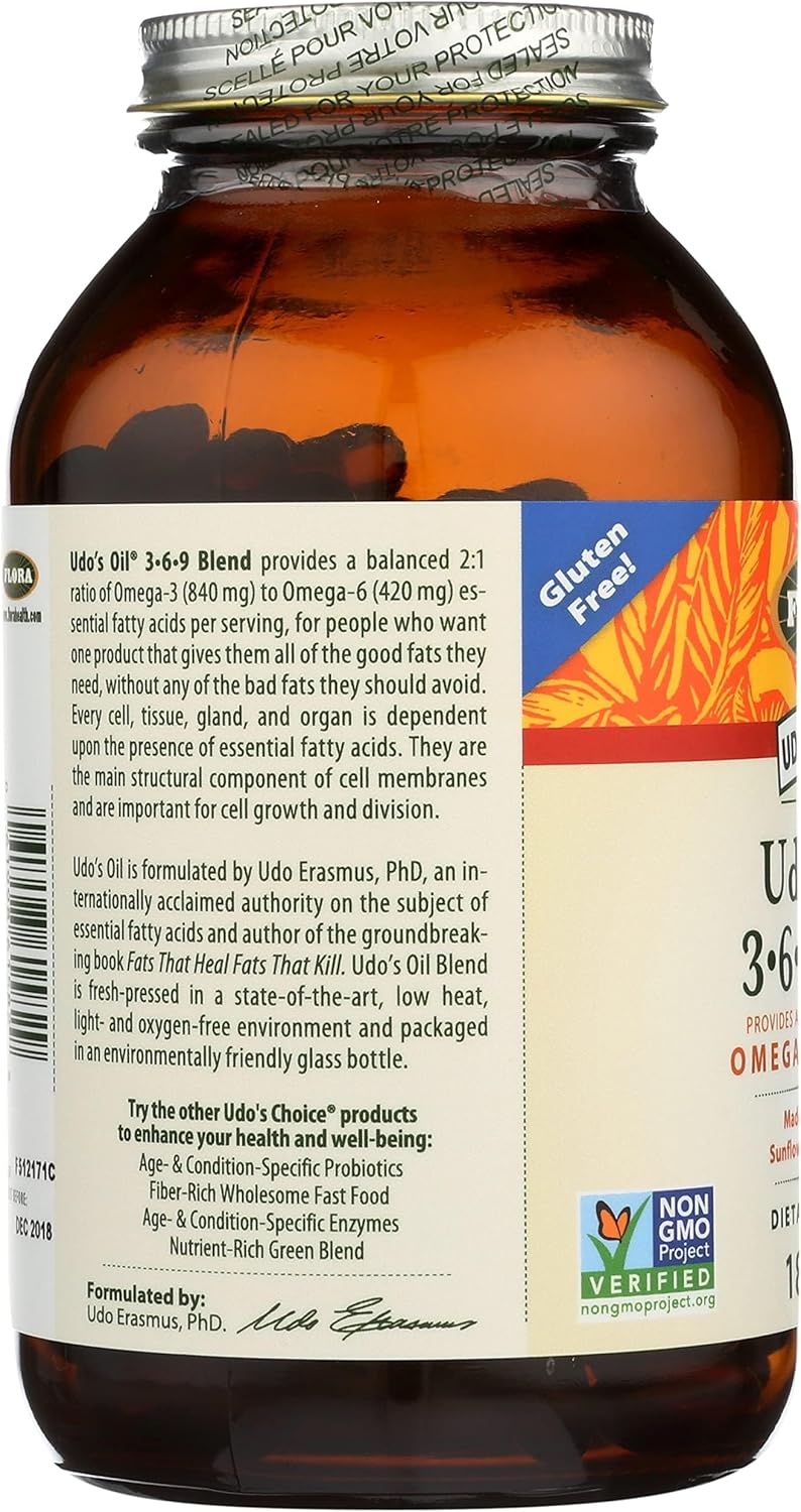 Flora Udo's Oil 3-6-9 Blend - Contains Organic Coconut, Flax Seed Oil & More - 180 Vegetarian Softgels