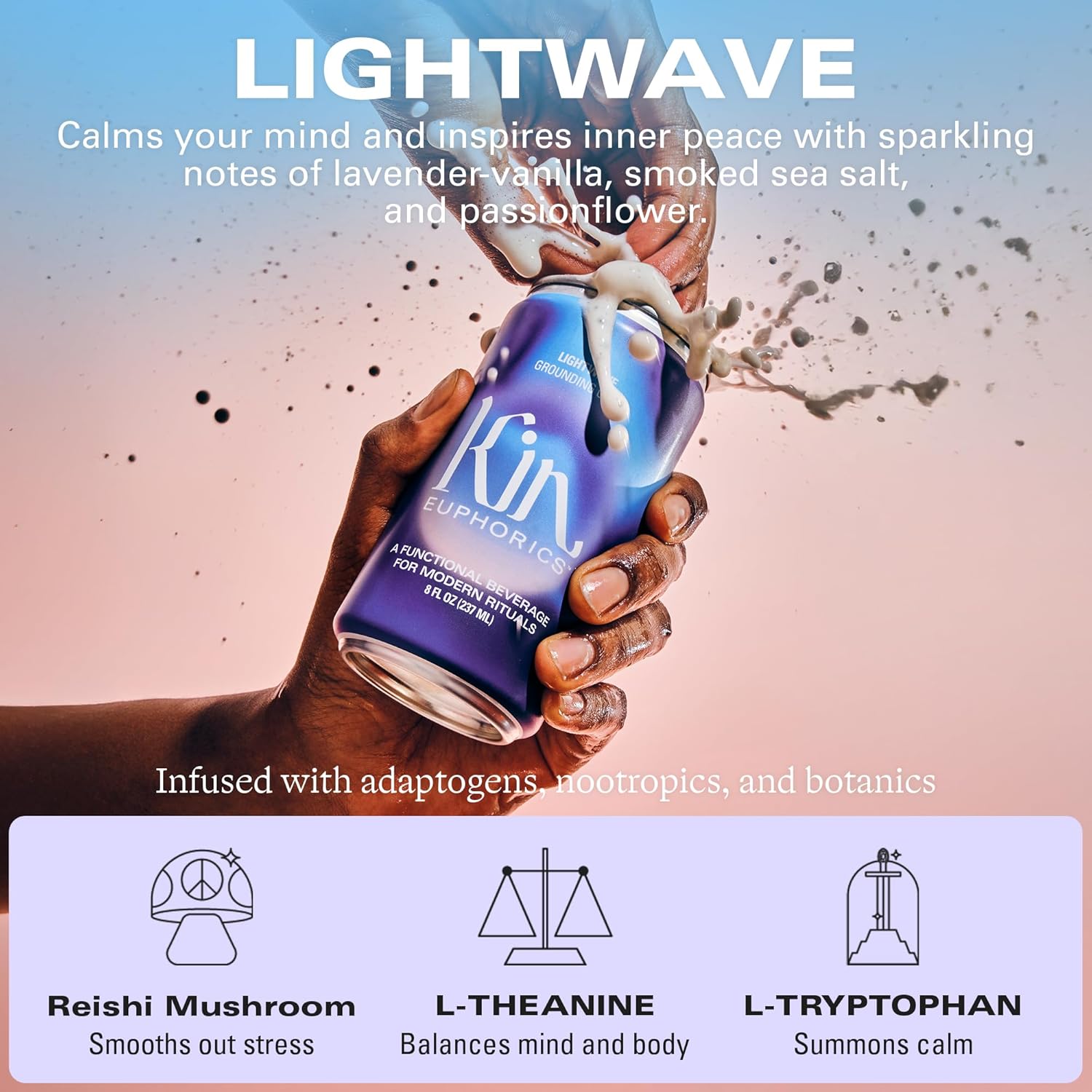 Kin Euphorics Lightwave Non-Alcoholic Functional Beverage | Calm the Mind & Mellow the Mood | Adaptogens, Nootropics, Reishi Mushroom & L-Theanine | 8 Fl Oz (12pk)