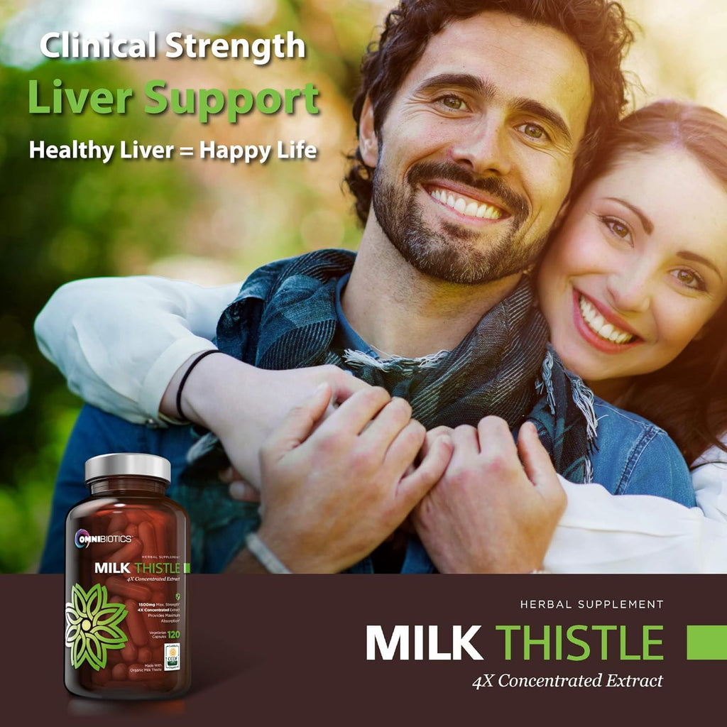 OmniBiotics Organic Milk Thistle Supplement 1500mg – 4X Concentrated Extract with Silymarin – High Potency Liver Detox & Support – 120 Vegan Capsules