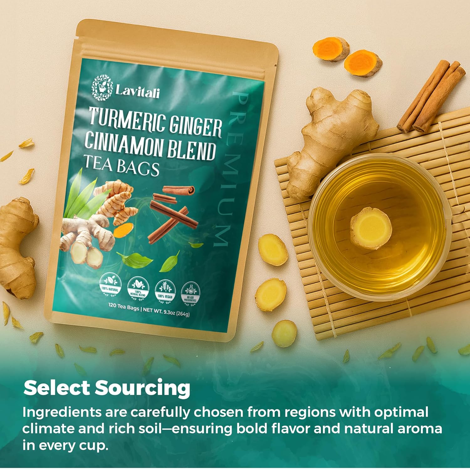 Lavitali, Ginger Turmeric Cinnamon Tea | 60 bags, 100% Pure Herbal Tea | Caffeine-Free, No Sugar, Eco-Friendly Filter Bag | Daily Natural Botanical, Hot or Iced Herbal Infusion