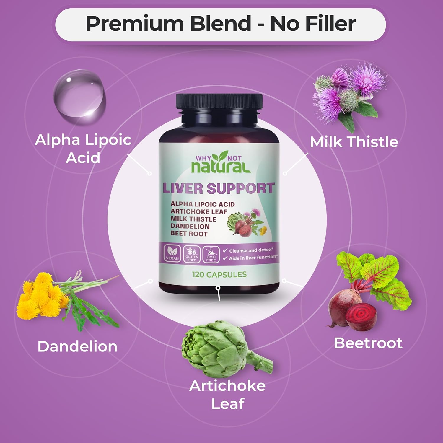 Why Not Natural 5-in-1 Liver Health Formula Supplement for Detox and Cleanse with Milk Thistle Support - 120 Capsules