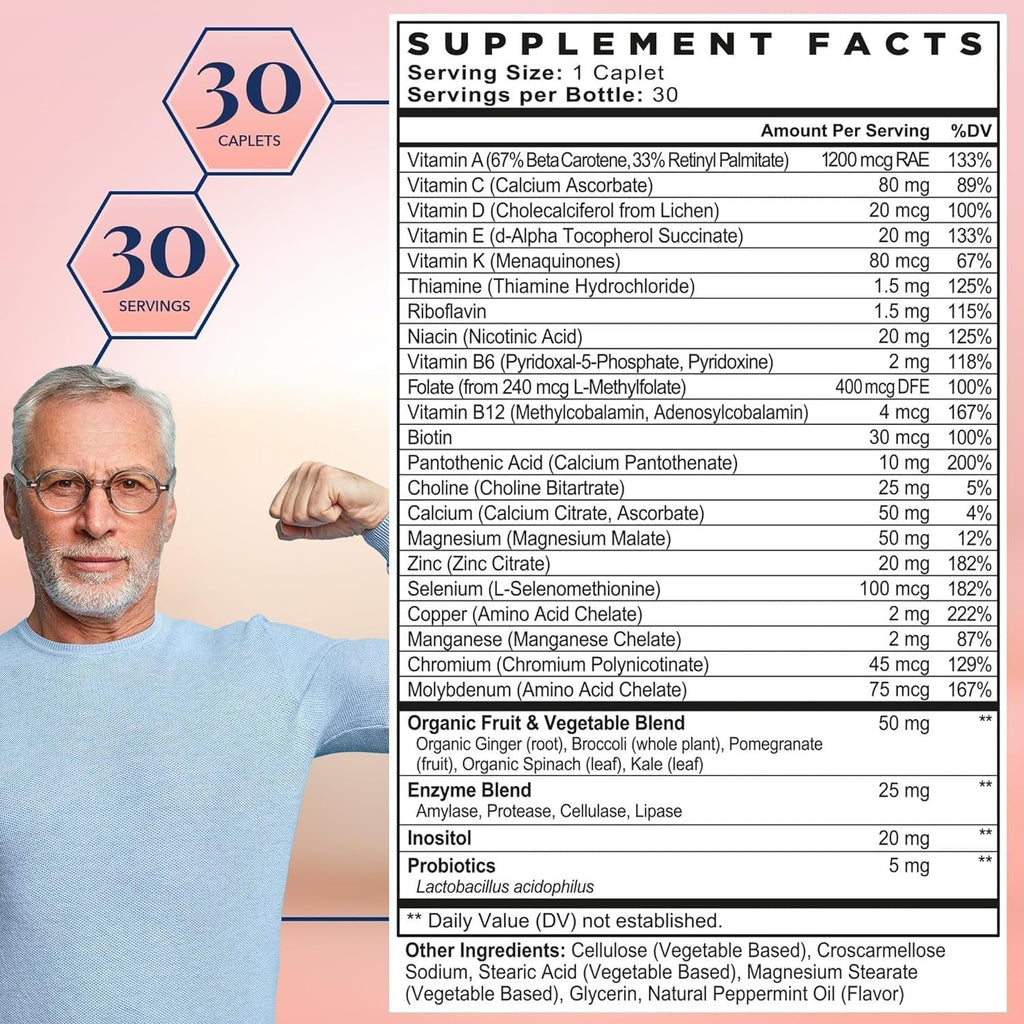 Best Nest Wellness Men's Multi Plus - Daily Multivitamin for Brain & Energy Health Support - Daily Multivitamin for Men - Probiotics & Digestive Enzyme Formula - 30 Caplets
