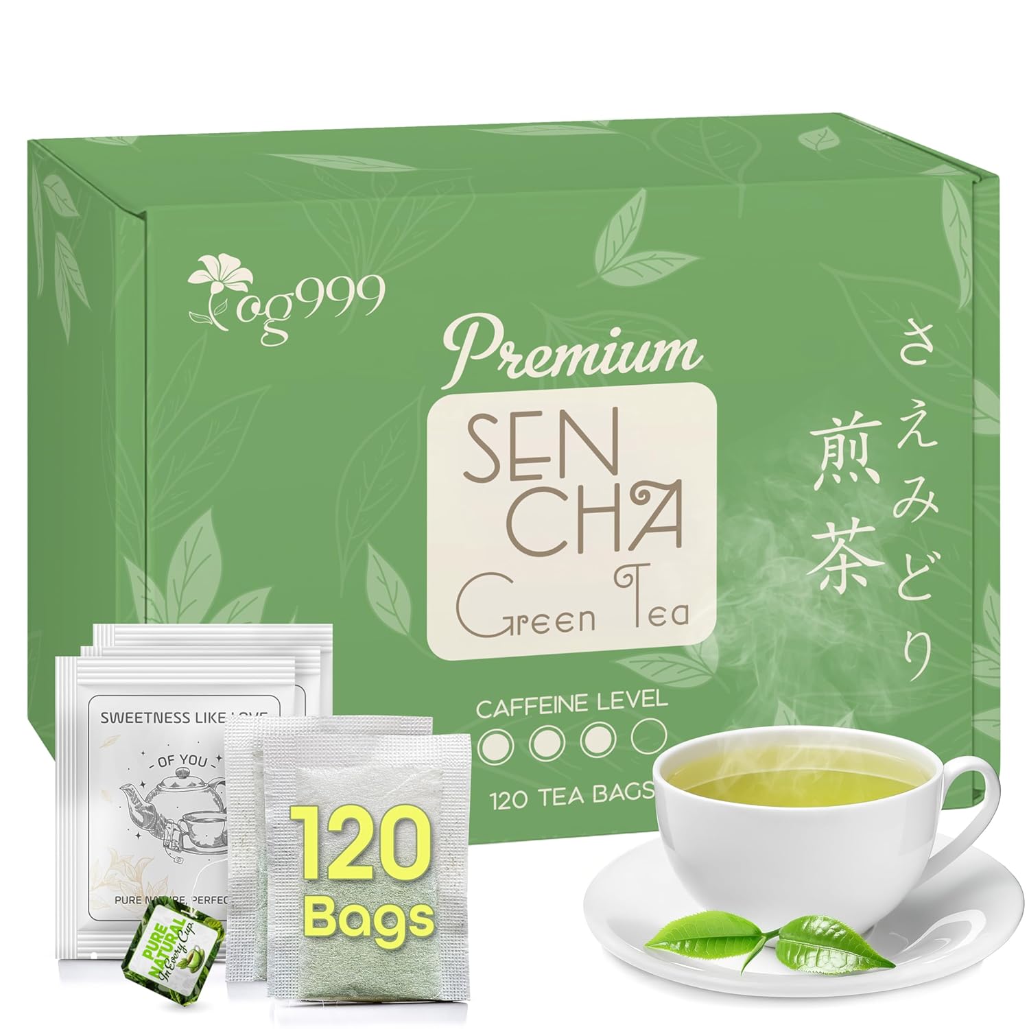 TOG999, Premium 120 Sencha Green Tea Bags, 100% Natural & Pure from Sencha Green Tea Leaves. Loose Leaf Sencha Herbal Tea. No Sugar, No Gluten, Vegan.