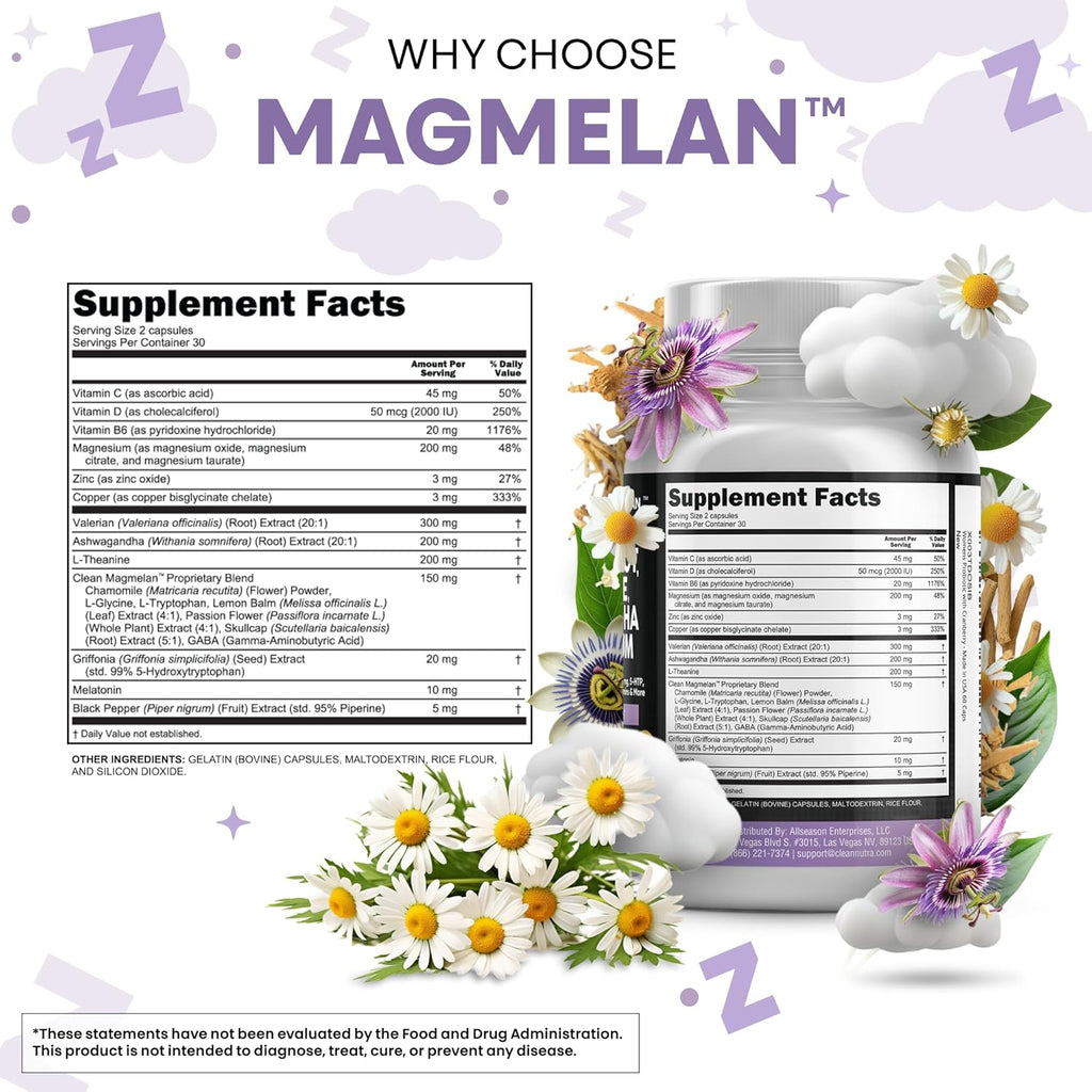 Clean Nutraceuticals Melatonin 10mg Valerian Root L Theanine 200mg Ashwagandha - Sleep Support for Women & Men with Magnesium Complex, Lemon Balm, Chamomile, & Passion Flower - 60 Caps