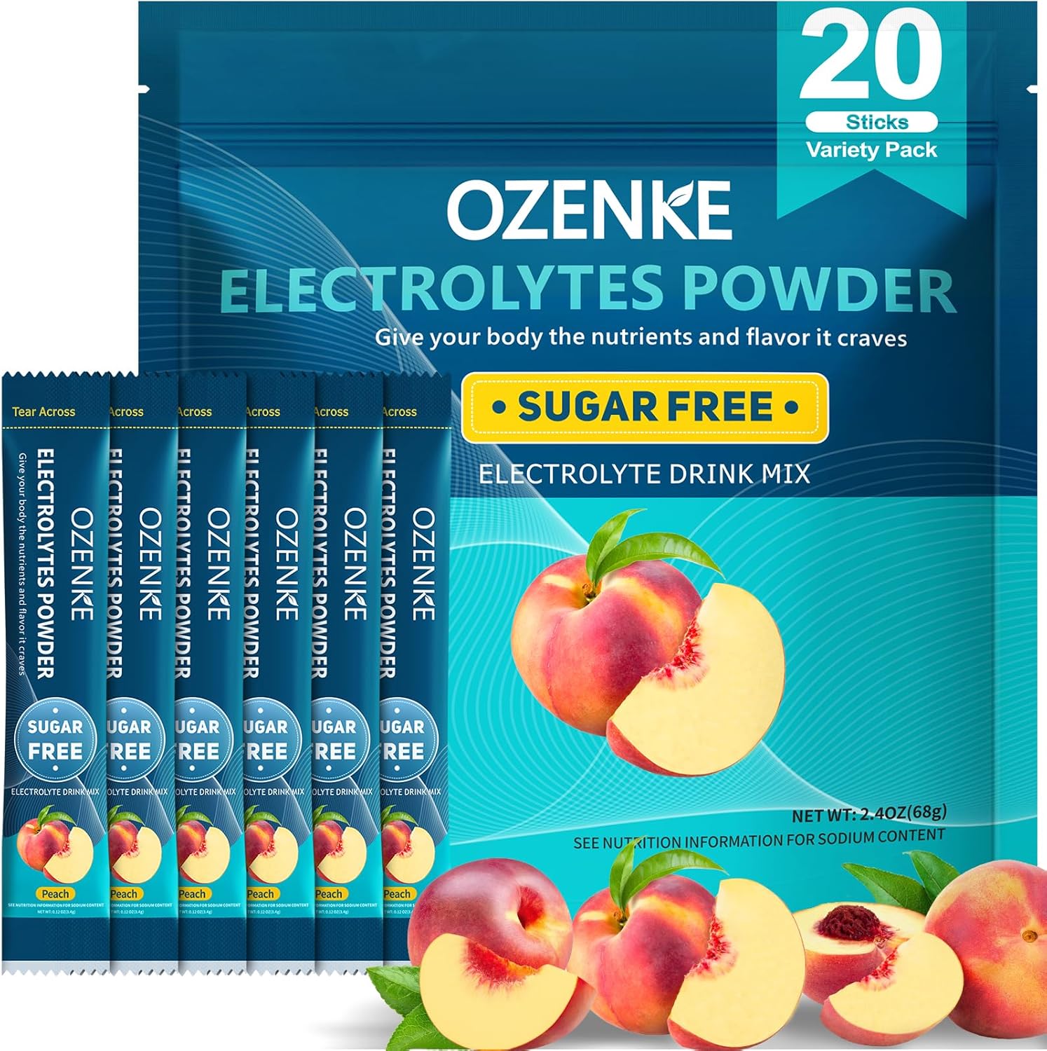 Electrolytes Powder Packets, Electrolytes Sugar Free, Hydration Packets, Portable Electrolyte Drink Mix for Rapid Hydration, No Sugar & Low Sodium | 0 Calorie | Peach Flavor | 20 Sticks