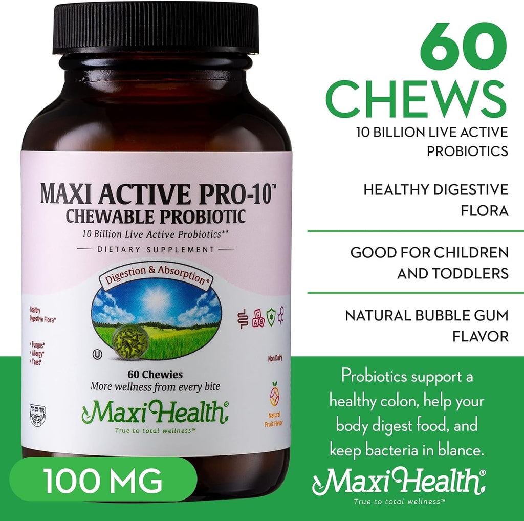 Maxi Health Active Pro-10 Kids Probiotic Chewables – 15 Strains for Digestive & Immune Health –10 Billion probiotic Blend- Dairy-Free, Kosher – Supports Gut Health, Vegetarian – 60 ct (Shelf Stable)