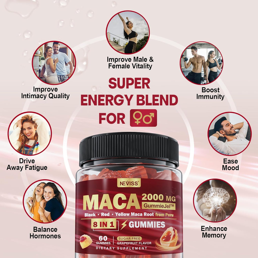 Maca Root Filled Gummies 2000mg for Women Men | Sugar Free | Organic Black, Red, Yellow Maca Root Supplement Gummy Chews with Ashwagandha Ginseng & Zinc | Vegan, Non-GMO, Grapefruit Flavor, 60 Count