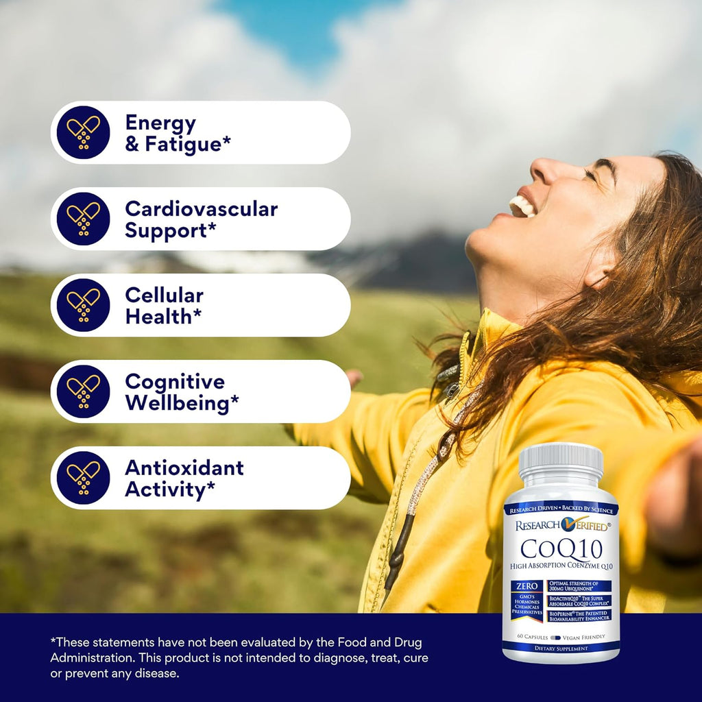 Research Verified CoQ10-100% Pure Extra Strength 300mg CoQ10 – Improved Absorption and Bioavailability with Bioperine - Boost Antioxidant Levels, Improve Cardiovascular Health, 360 Vegan Capsules