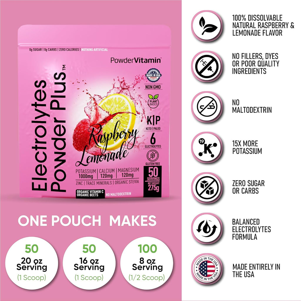 PowderVitamin Electrolytes Powder Plus (50 Servings) Raspberry Lemonade Electrolyte Powder Zero Calorie Keto, 0 Sugar, No Maltodextrin,1000mg Potassium,120mg Calcium,120mg Magnesium, Hydration Powder