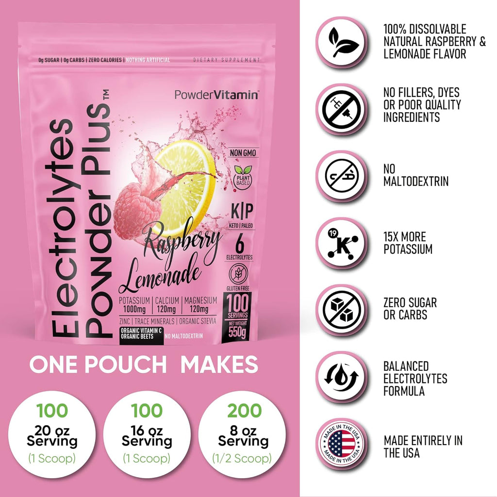 PowderVitamin Electrolytes Powder Plus (100 Servings) Raspberry Lemonade Electrolyte Powder, Zero Calorie, Keto, Zero Sugar, No Maltodextrin, 1000mg Potassium,120mg Calcium,120mg Magnesium, Hydration