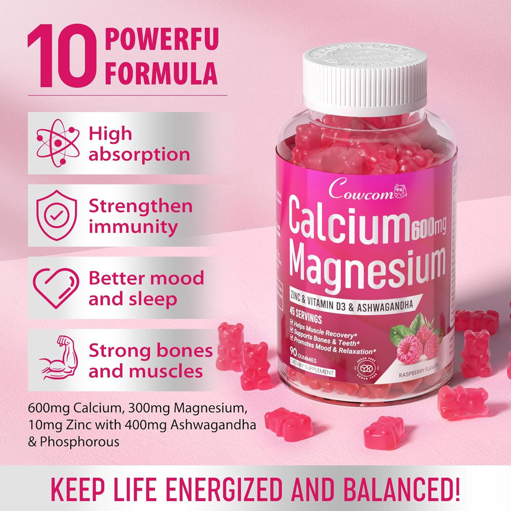 Calcium Magnesium Zinc Gummies & Vitamin D3,B6,B12,Immune & Supporting Bone Health Calcium Magnesium Supplement for Women Men,Sugar-Free Vegan Raspberry Flavor 90 Counts