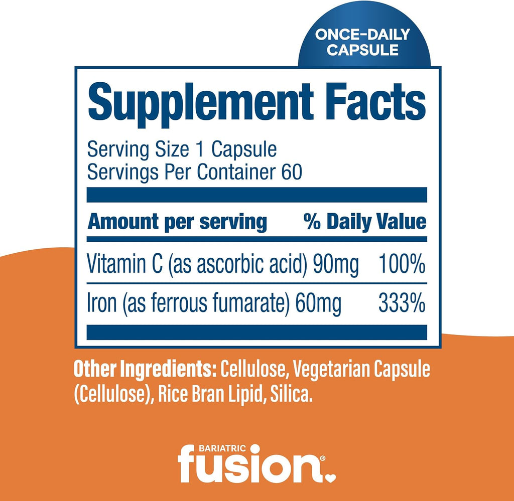 Bariatric Fusion Iron Supplement 60mg with Vitamin C | Easy to Swallow Capsule | Ferrous Fumarate Vitamins for Women and Men | Gluten, Dairy and Soy Free | Non-GMO | 60 Count