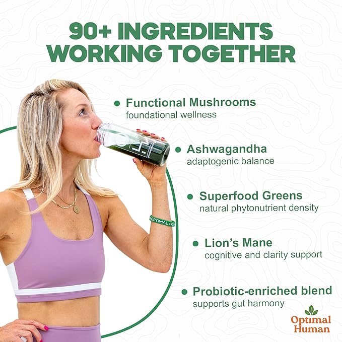 Optimal Human Superfood Greens Powder – 90+ Ingredient Blend with Lion’s Mane Supplement, Ashwagandha & Turmeric – Non-GMO, Soy-Free, Mushroom Supplements for Women - 6.28 oz