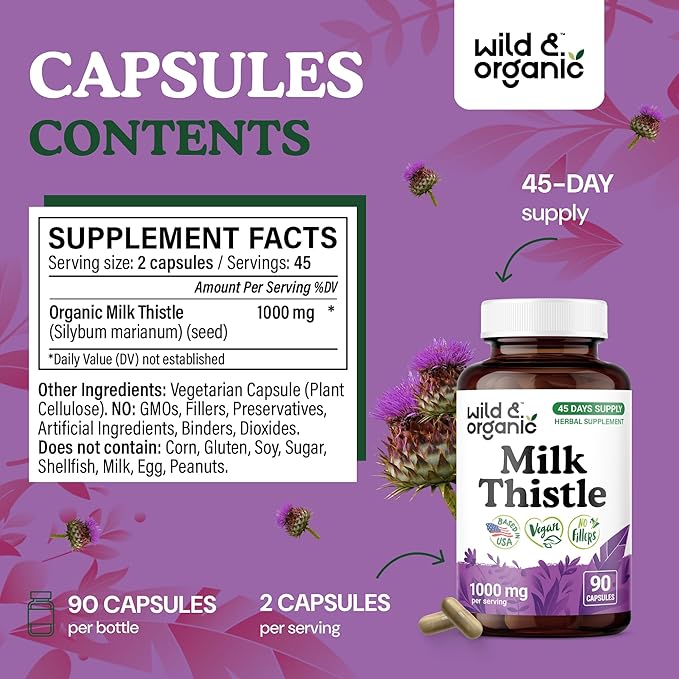Wild & Organic Milk Thistle Capsules 1000mg - Liver Detox Supplements - Silymarin Milk Thistle Powder for Liver Cleanse - 90 Vegan Capsules - 45-Days Supply - No Fillers, Non-GMO