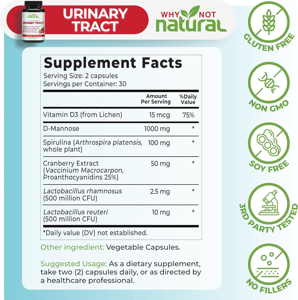 Why Not Natural 5-in-1 UTI Pills with D Mannose, Cranberry PAC Extract, Probiotics and Vitamin D - Urinary Health Formula for Women and Men