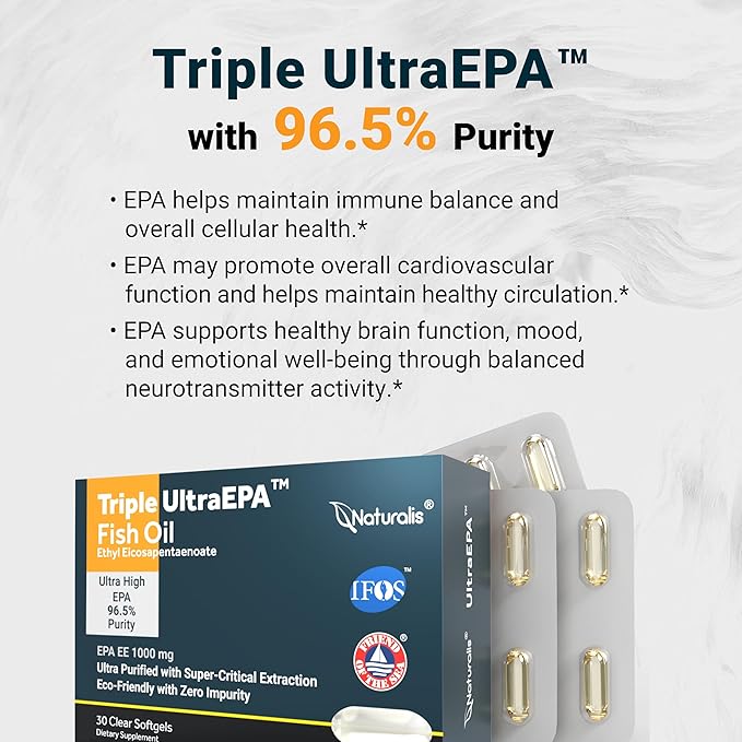Naturalis Triple Strength UltraEPA™ EPA 1000mg | Pharmaceutical Grade High Purity 99% Omega-3 with 96.5% EPA Burpless Fish Oil | IFOS Certified, Sustainably Sourced, Non-GMO | 30 Softgels