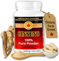 Ginseng Supplement 500mg - 60 Capsules - Pure Canadian Ginseng Root Powder - Energy | Focus | Immune Support - Authentic Ontario Farm Ginseng