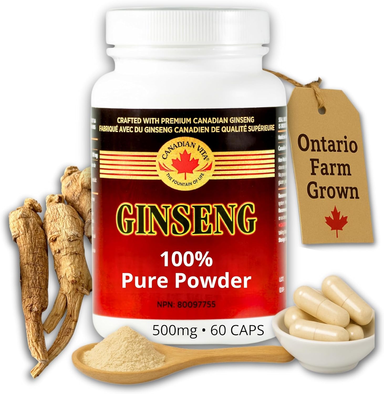 Ginseng Supplement 500mg - 60 Capsules - Pure Canadian Ginseng Root Powder - Energy | Focus | Immune Support - Authentic Ontario Farm Ginseng