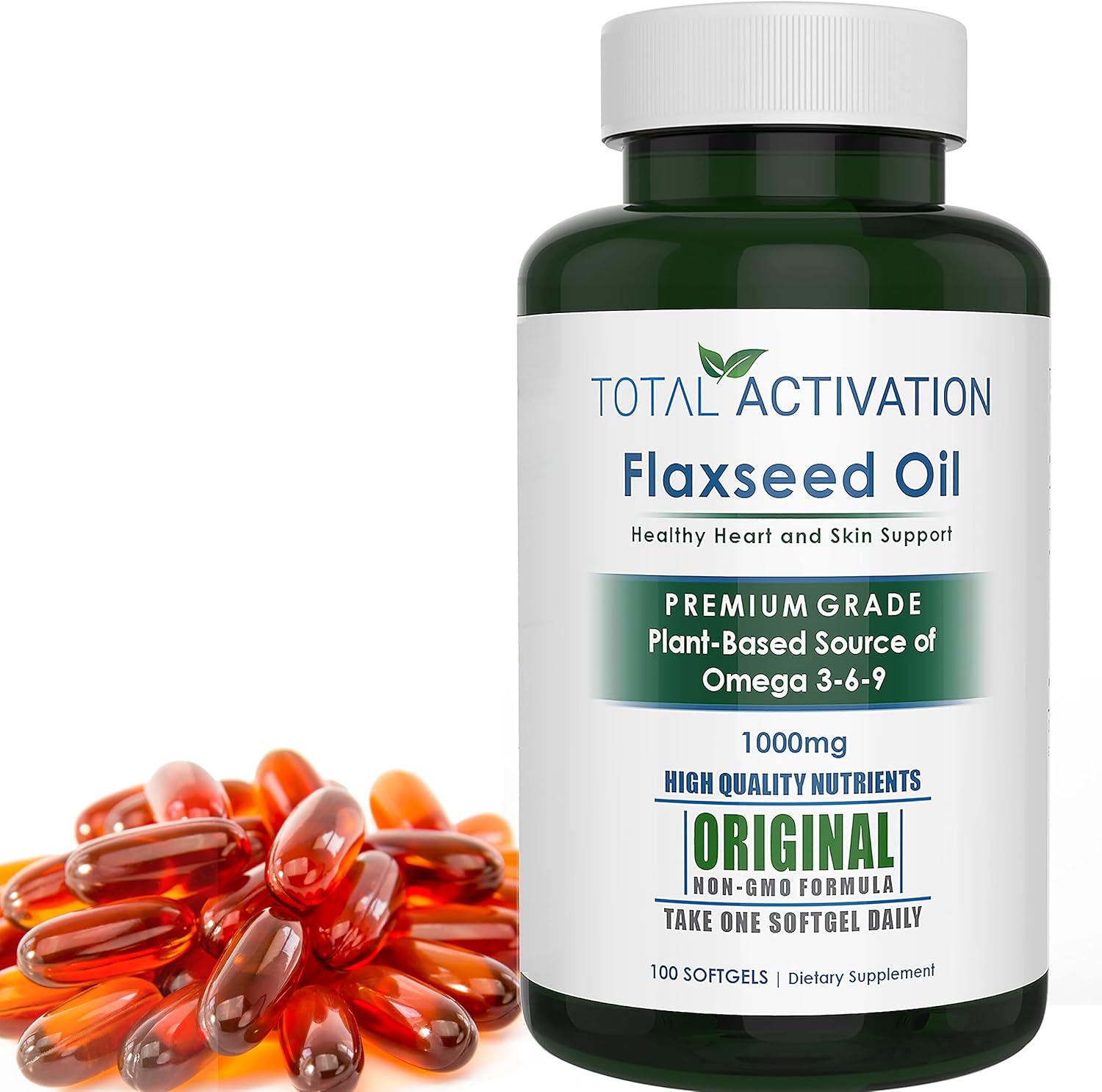 Organic Flaxseed Oil 1,000 mg Omega-3, Immune System Booster with Omega 3,6,9 from Natural ALA, Supports Healthy Hair, Skin and Nails, 100 Rich Liquid Softgels Per Bottle