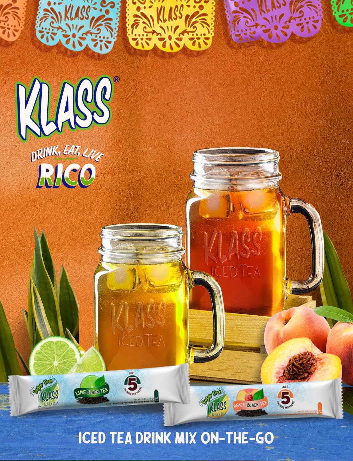 Klass Iced Tea Drink Mix - Sugar Free Variety Pack - Peach & Lime Black Tea On-The-Go! (44 Count Powder Stick Packs) 5 Calories Per Packet