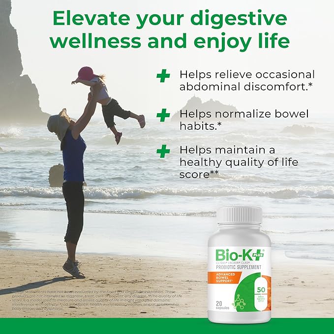 Bio-K+ Advanced Bowel Support Probiotic – 50 Billion CFU – Vegan, Gluten-Free, Non-GMO – Supports Digestive Health & Regularity – for Men & Women – 20 Capsules