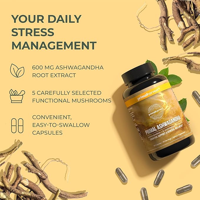 Primal Harvest Ashwagandha Supplement with 5 Mushroom Extracts: Lion’s Mane, Reishi, Cordyceps, Turkey Tail & Maitake for Immune Support & Cognitive Health