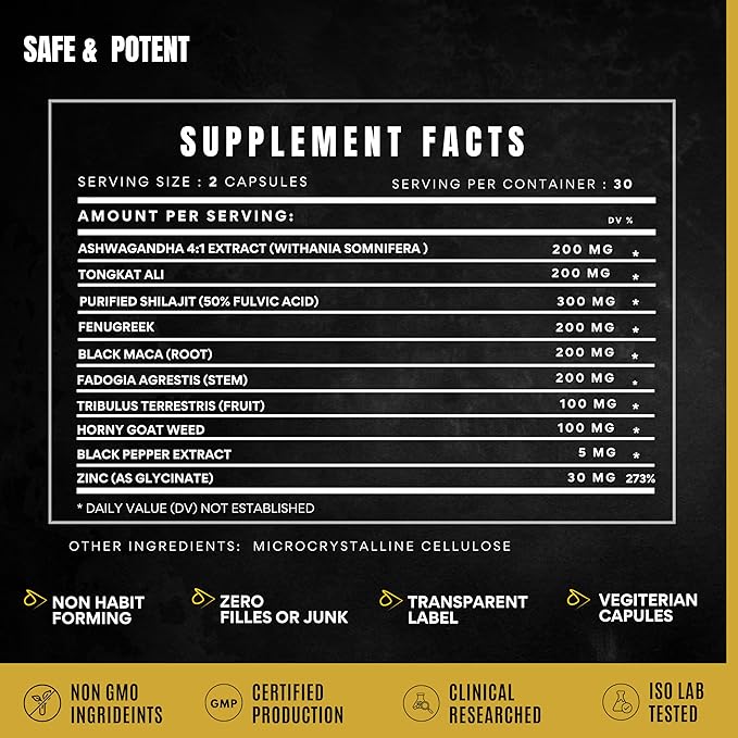 Men's Testosterone Support–10-in-1 Horny Goat Weed with Tongkat Ali, Ashwagandha, Shilajit, Maca, Fadogia Agrestis, Tribulus & More – Energy, Vitality & Libido Support – 60 Vegan Capsules
