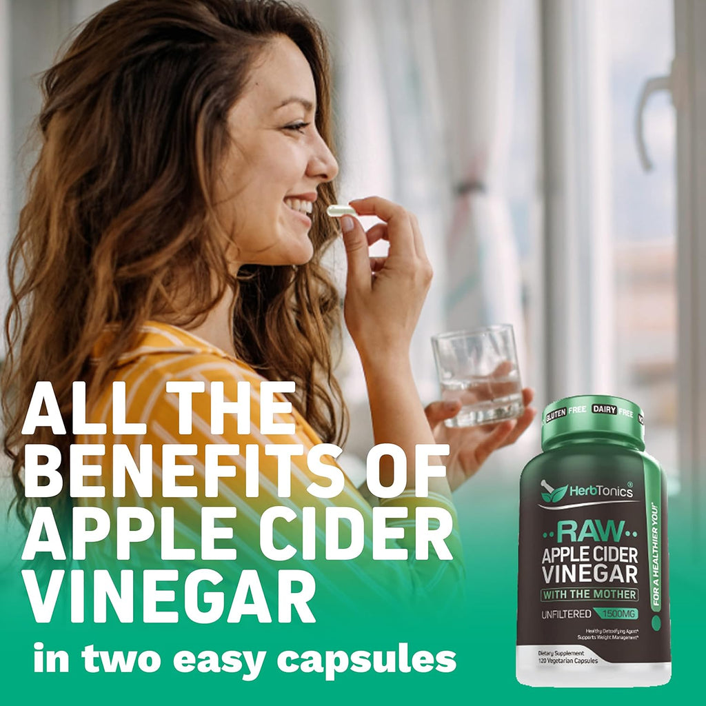 Herbtonics Raw Apple Cider Vinegar Capsules 1500mg with Mother | Weight Management, Detox & Digestion Formula with GLP-1 Support | Unfiltered ACV for Metabolic Support | 120 Vegan Capsules
