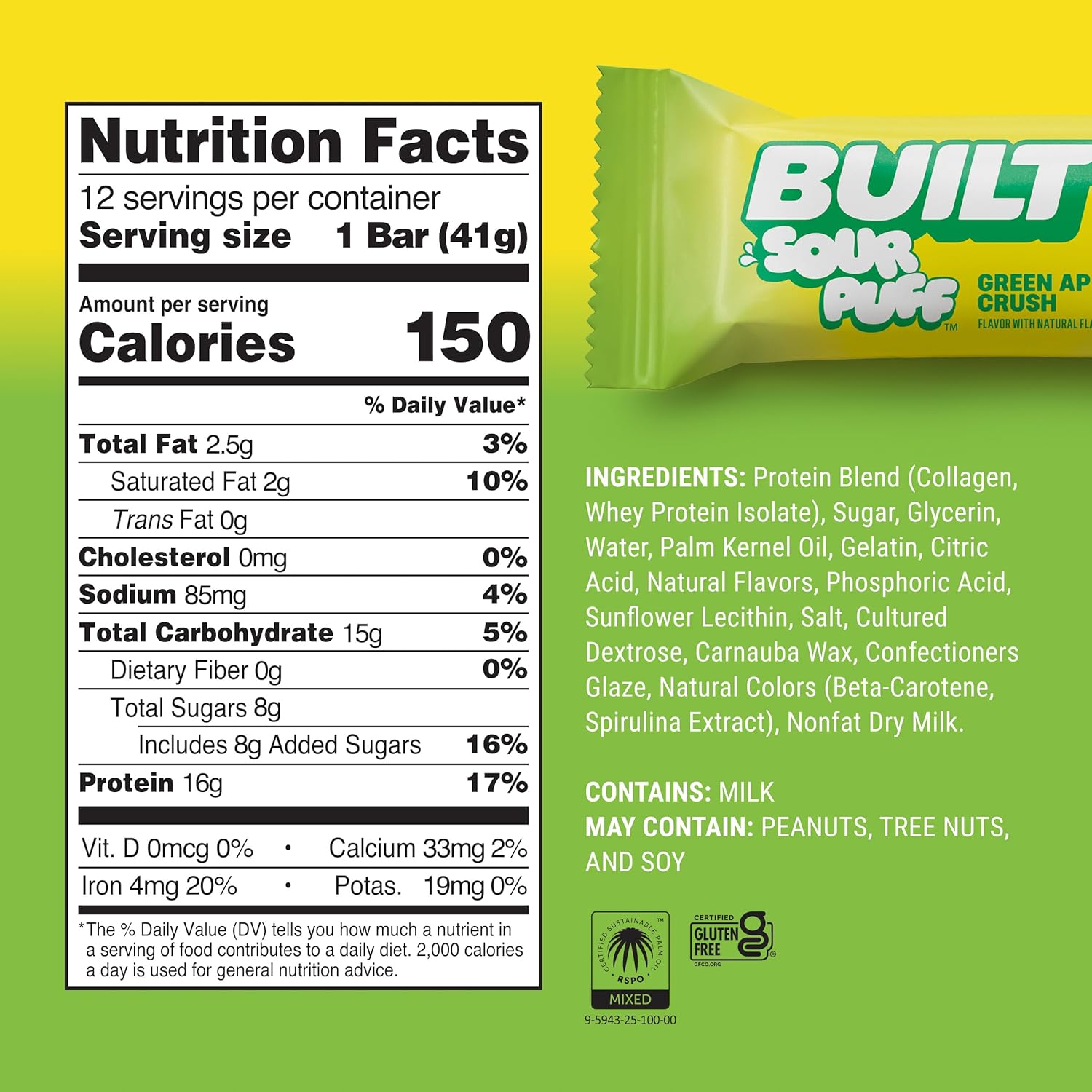 Built Bar, Sour Puff Protein Bars, Green Apple Crush, Collagen, On-the-go Snacks, Sour Candy Snack, 12 Pack