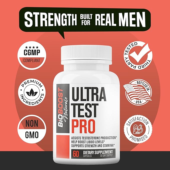 Ultra Test PRO | 9 in 1 Testosterone + Blood Flow Booster Supplement for Male Performance | Build Strength, Muscle, Energy Boost, Vitality | Horny Goat Weed, Maca + 7 More | 60 Capsules for Men