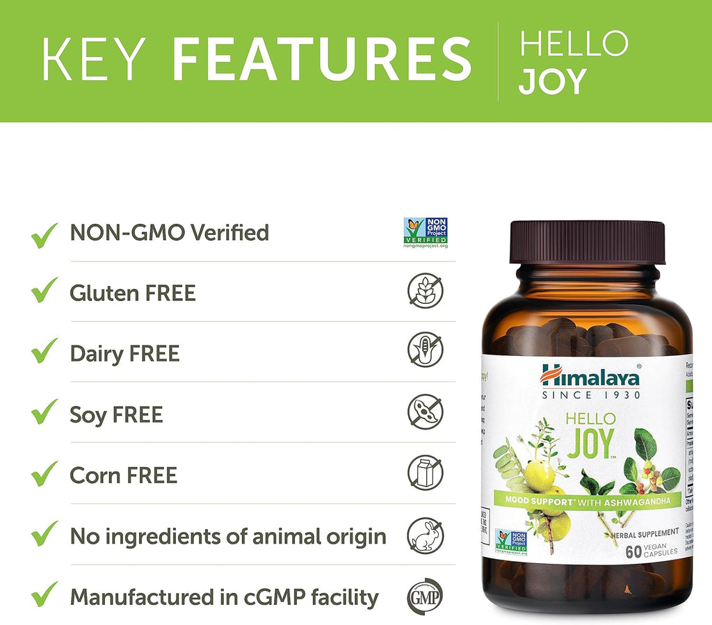 Himalaya Hello Joy Herbal Supplement, with Ashwagandha, Amla, Bacopa, Holy Basil/Tulsi, Positive Outlook, Supports Motivation, Stress Relief, Balanced Cortisol, Non-GMO, Vegan, 60 Capsules