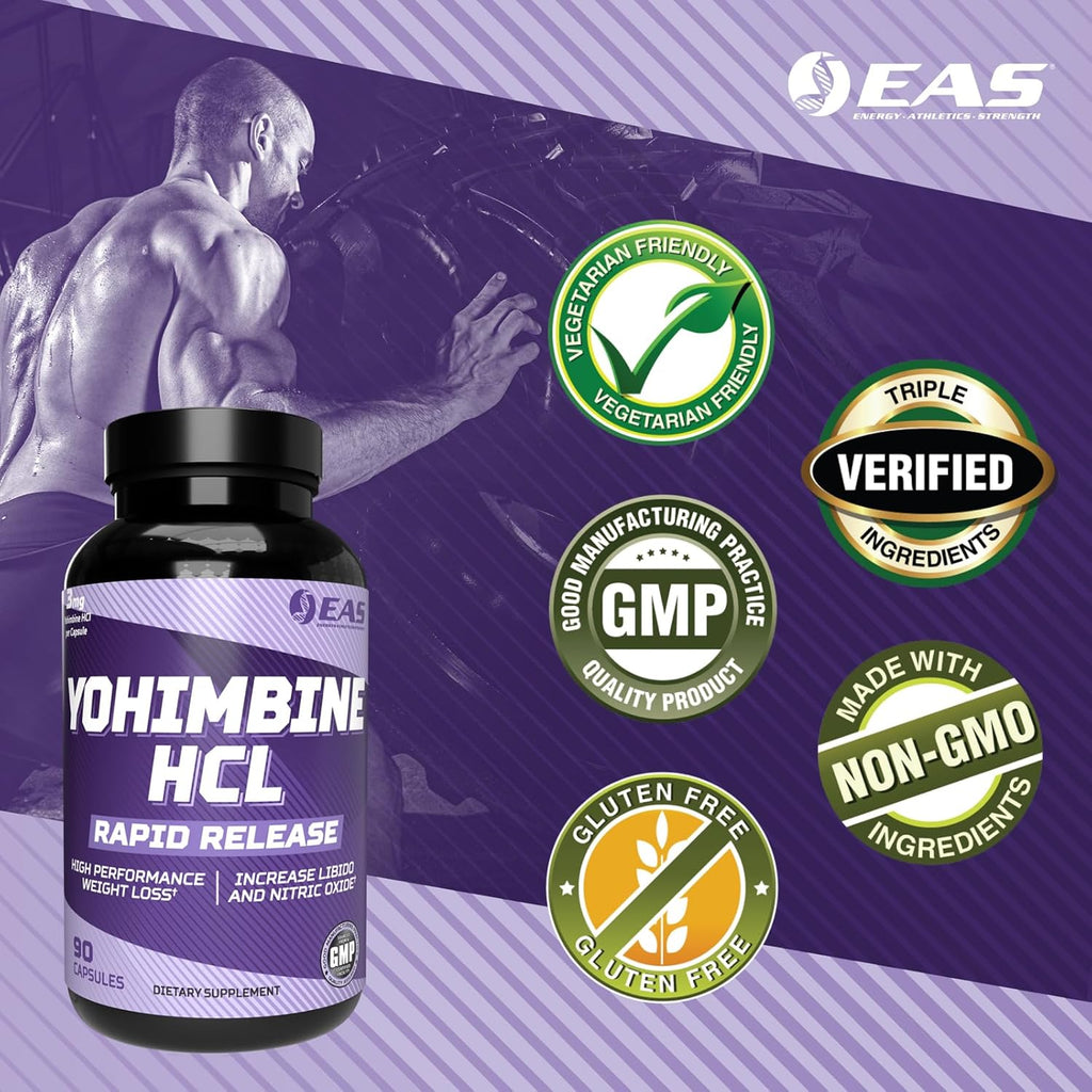 EAS Yohimbine HCL | Improved Weight Loss & Athletic Performance | Rapid Release Technology | Gluten Free, Non GMO, Vegetarian Friendly | 90 Capsules