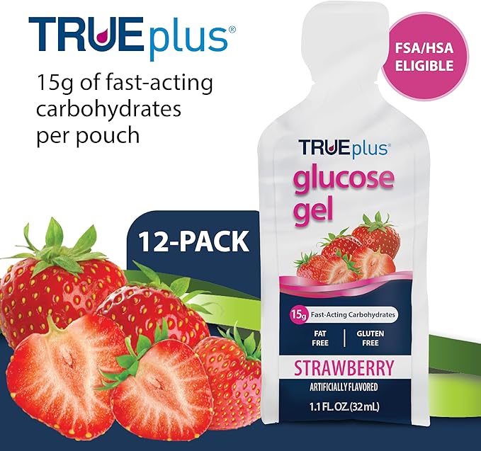 TRUEplus Glucose Gel Pouch, Strawberry Flavor, 15g Fast-Acting Carbohydrates, Fat Free, Gluten Free, Quick Support for Low Blood Sugar and Energy, 12 Pack