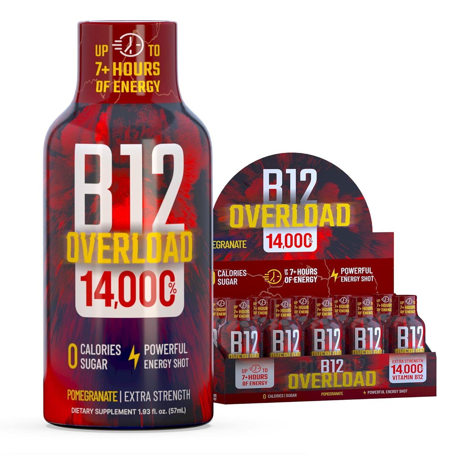 B12 Overload Extra Strength Energy Shot – Pomegranate – 260mg Caffeine, 14000% B12, Electrolytes – Energy & Vitality Support – Zero Sugar No Calories – Vegan, Kosher, Gluten-Free – 1.93 fl oz, 10-Pack