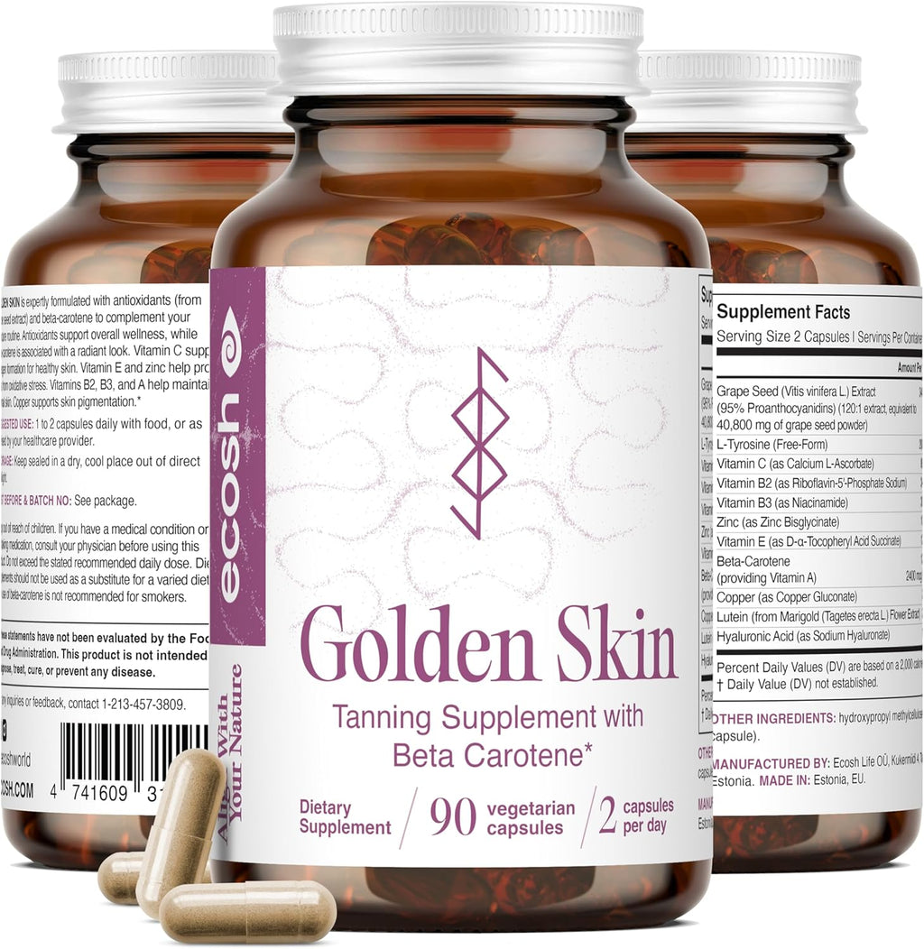 Golden Skin Tanning Supplement for Women & Men – Potent Tanning Pills with Beta Carotene, Lutein & L-Tyrosine for Skin Health | Natural Antioxidant Supplement & Tanning Vitamins | 90 Vegan Capsules