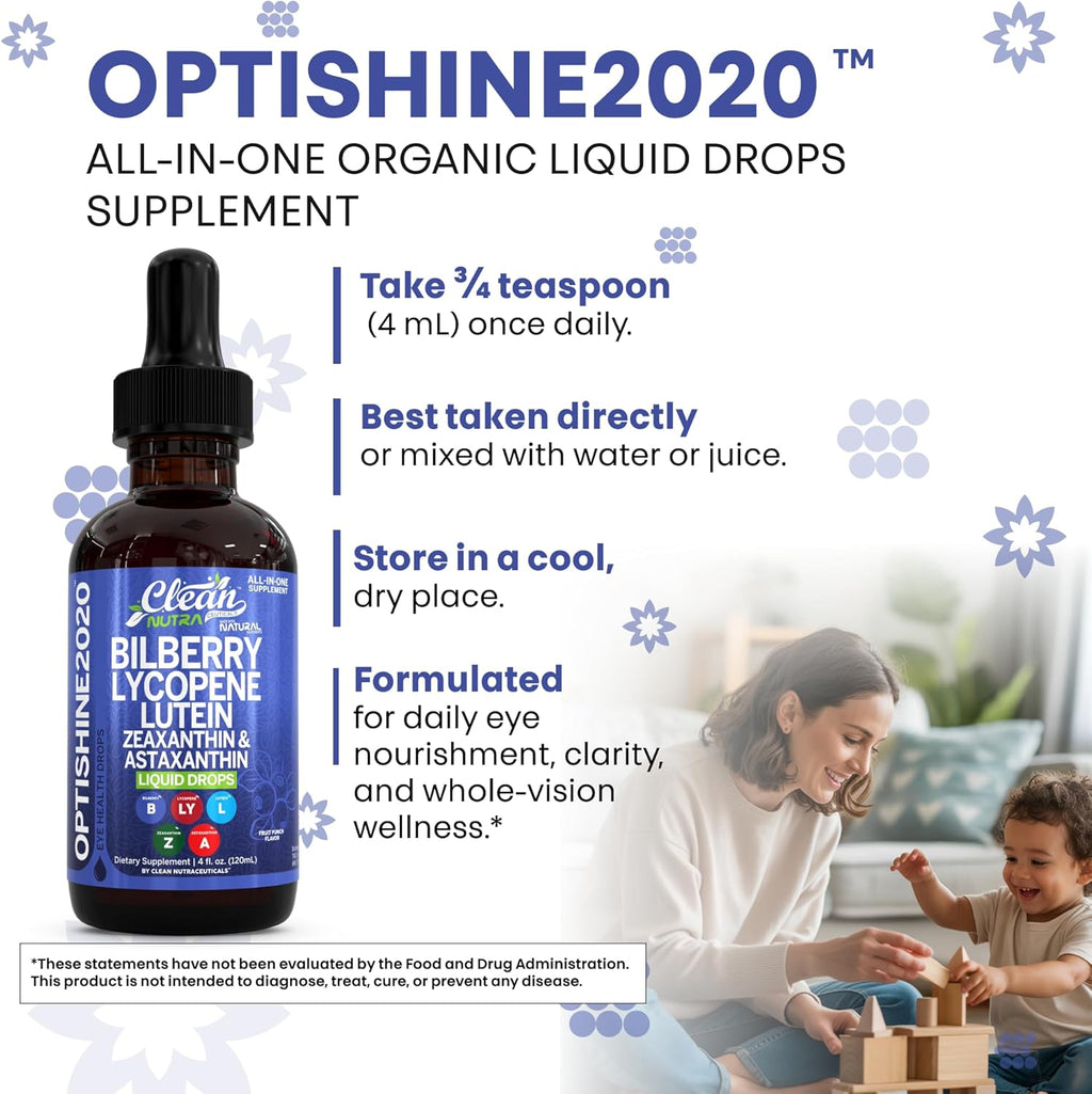 Clean Nutra Eye Vitamins Liquid Drops | Bilberry Lutein & Zeaxanthin Lycopene Astaxanthin | All-in-One Care for Eyes | Eye Health Support Vitamin and Mineral Supplement Fruit Flavor