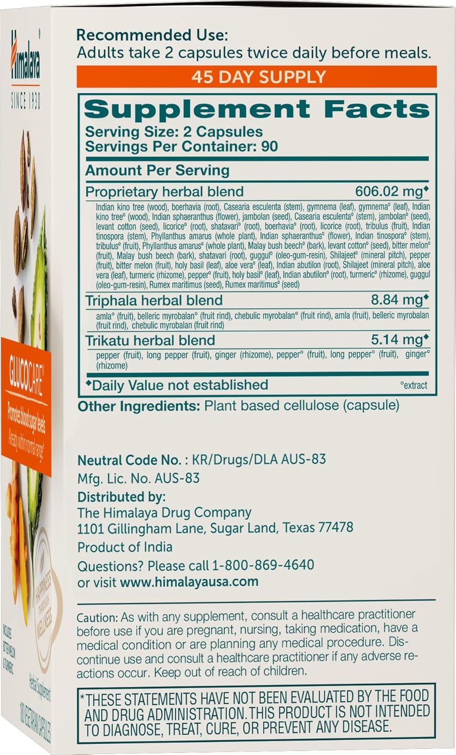 Himalaya GlucoCare Herbal Supplement, Metabolism Support, Pancreatic Support, Triphala, Bitter Melon, Turmeric, Gluten Free, Vegan, 180 Capsules, 45 Day Supply