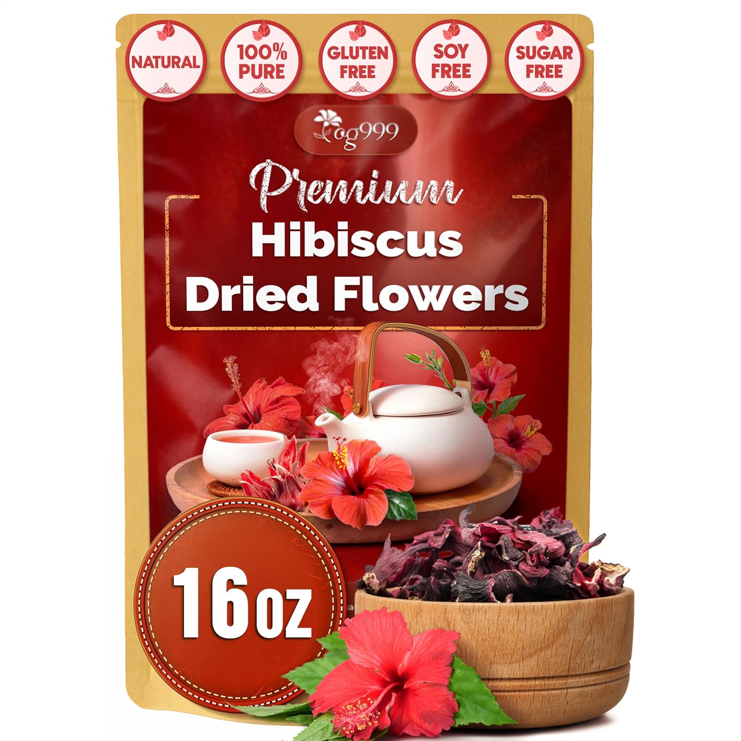TOG999, Premium Hibiscus Flowers 16oz | Dried Petals | Naturally Caffeine-Free Herbal Tea | Vibrant Color & Tart Floral Flavor | Non-GMO, Gluten-Free, Vegan | Perfect for Tea, Beverages, and Crafts