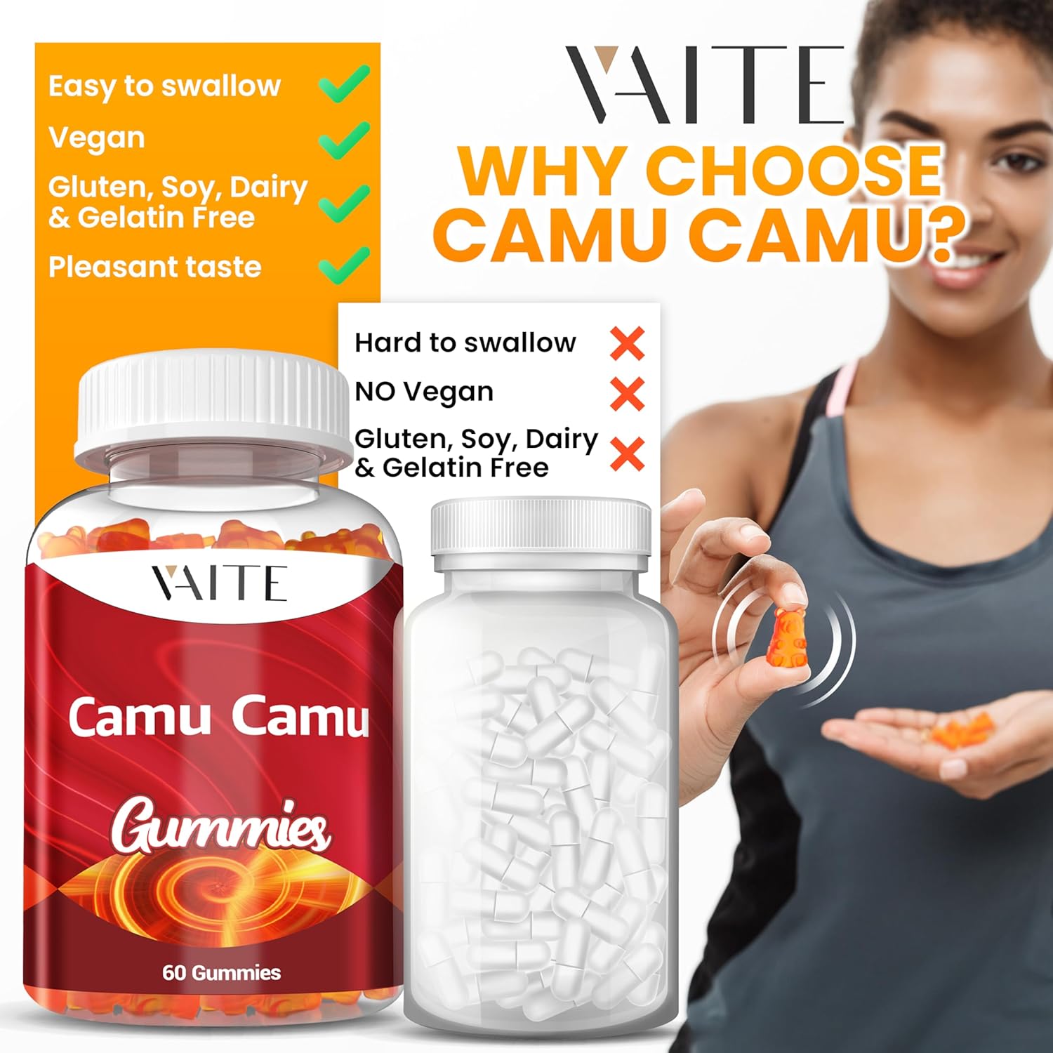 Camu Camu Vitamin C Gummies for Skin and Hair – Antioxidant-Rich, Vegan, Gluten-Free Supplement for Immune Support, Energy Boost, and Collagen – 60 Chewables for Active Men and Women