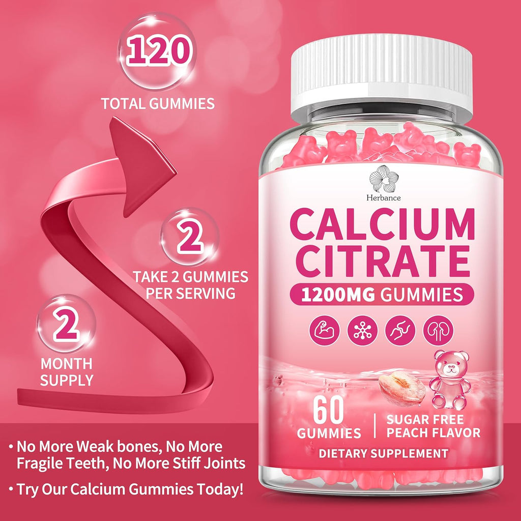 Calcium Citrate Gummies 1200 mg for Adults, High Absorption Pure Calcium Supplement for Women & Men, Sugar Free, Non-GMO, Gluten Free, Supports Muscle & Immune - Natural Peach Flavor, 120 Gummies