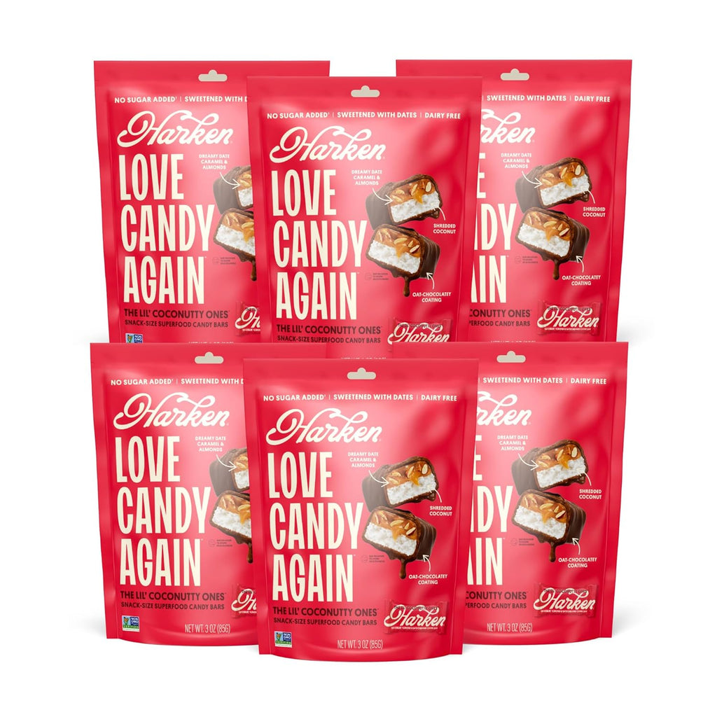 Harken Sweets The Lil’ Coconutty Ones, Mini Oat Milk Chocolate Candy Bars with Coconut, Sweetened with Dates, No Sugar Added, High Fiber, Gluten-Free, Plant-Based, 6 Pouches (30 Bars)