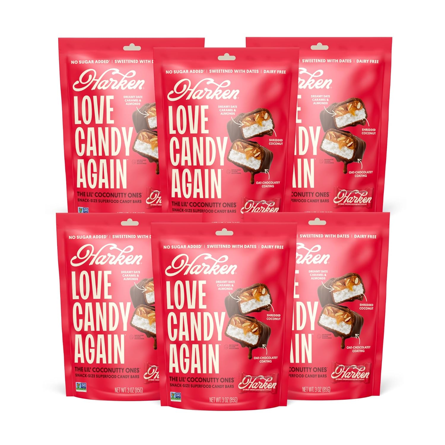 Harken Sweets The Lil’ Coconutty Ones, Mini Oat Milk Chocolate Candy Bars with Coconut, Sweetened with Dates, No Sugar Added, High Fiber, Gluten-Free, Plant-Based, 6 Pouches (30 Bars)