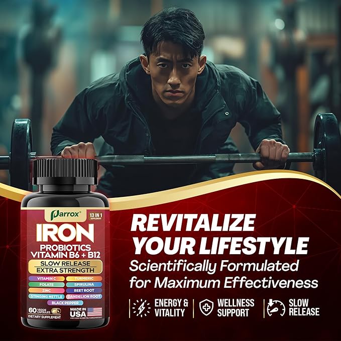 Iron Supplement, Slow Release Iron, Probiotics, Spirulina, Turmeric, Vitamin B6, Methylated B12, Vitamin C, Zinc, Beetroot, Nettle Leaf, Dandelion Root, Black Pepper, Extra Strength, 60 Capsules 2Pack