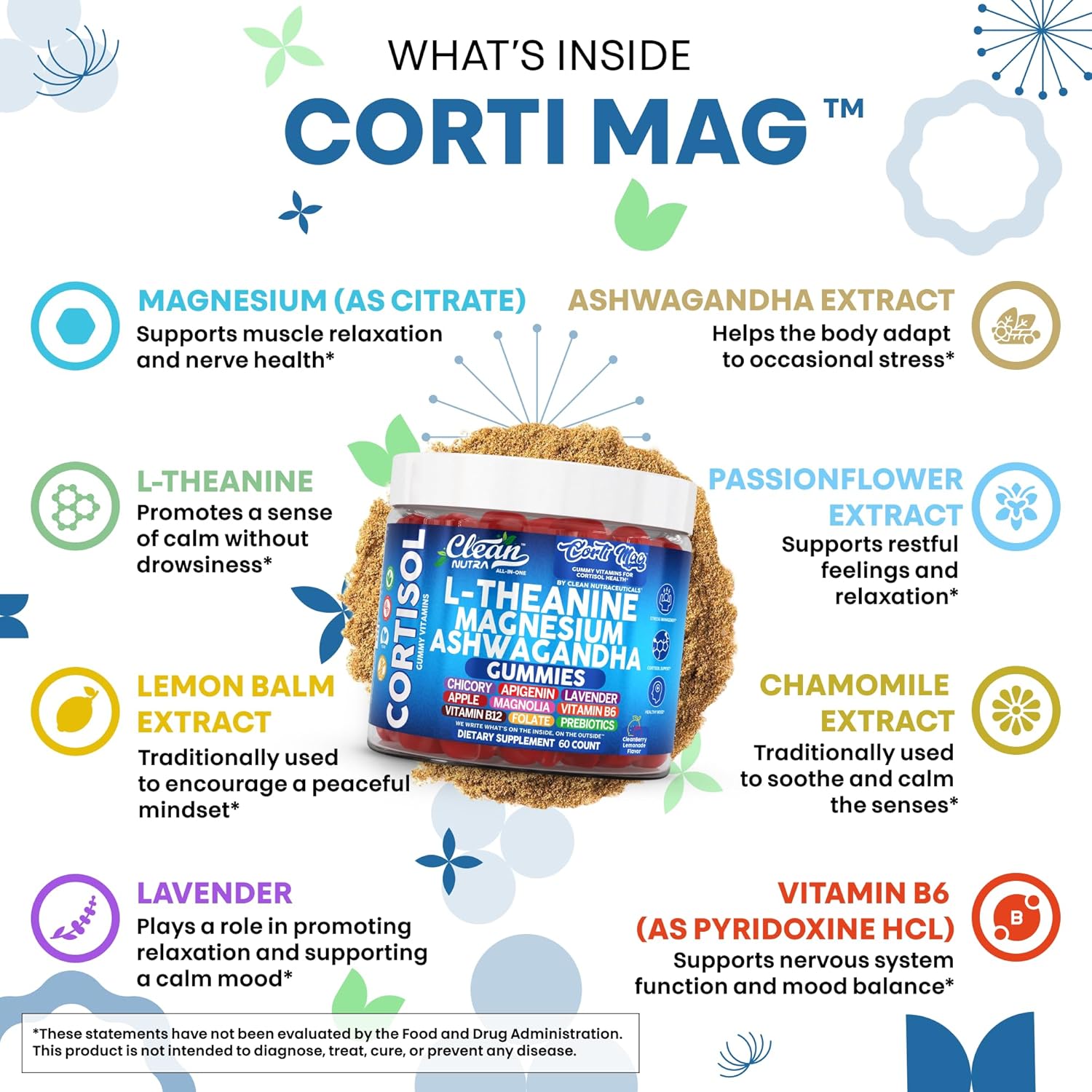 Clean Nutra L-Theanine Magnesium Ashwagandha Cortisol Gummies Apigenin Vitamin B6 Sleep Aid Calm Stress Relief Support Cortisol Management Supplement Lavender Chicory Prebiotic Advanced Gummy Formula
