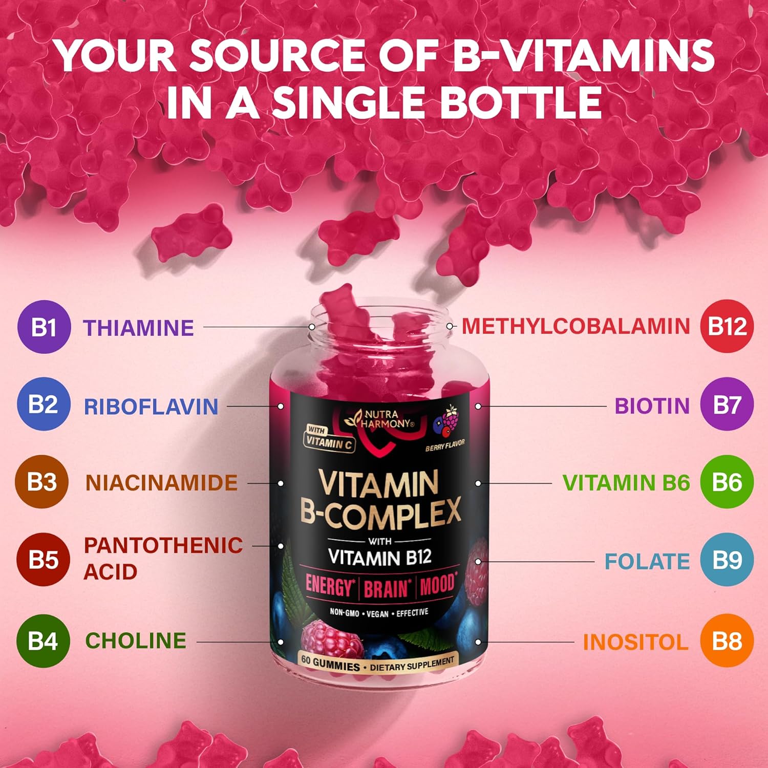 Vitamin B-Complex Gummies for Women & Men - Vitamin B12, B1, B2, B3, B5, B6, B7 & B9 - B Complex with Vitamin C & Choline - Energy, Brain & Mood - Natural Berry Flavor, Vegan - 60 Gummies 2 Pack