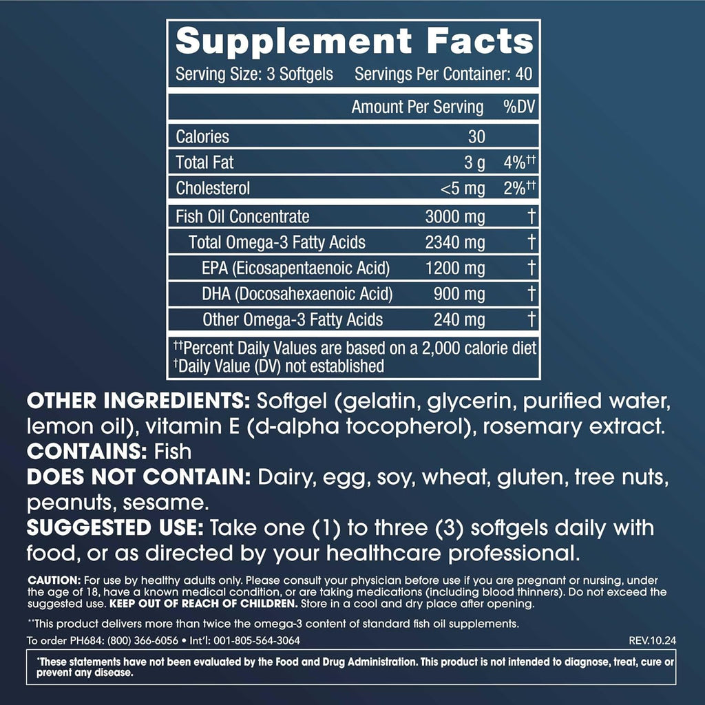 ProHealth Omega-3 Fish Oil Supplements for Women & Men, 120 Softgels, 1200 mg EPA, 900mg DHA & Other Fatty Acids, Extra Strength Fish Oil Nutritional Supplement